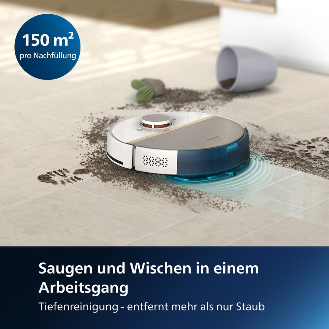 Philips Homerun Serie 7000 Saug-Wischroboter mit Saugstation, 5000 Pa, 360° LiDAR-Navigation, Erkenn