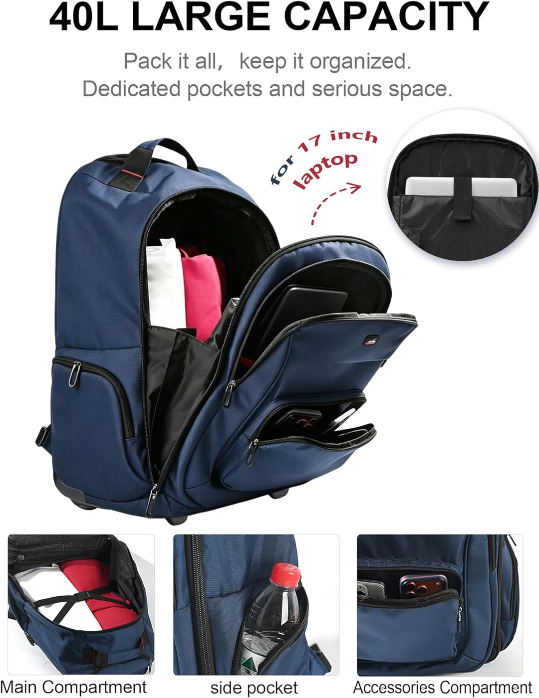WIRABO Rucksack mit Rollen, 15.6 Zoll 35L Trolley Handgepäck Laptop Reisetasche mit Rollen Gross Ruc