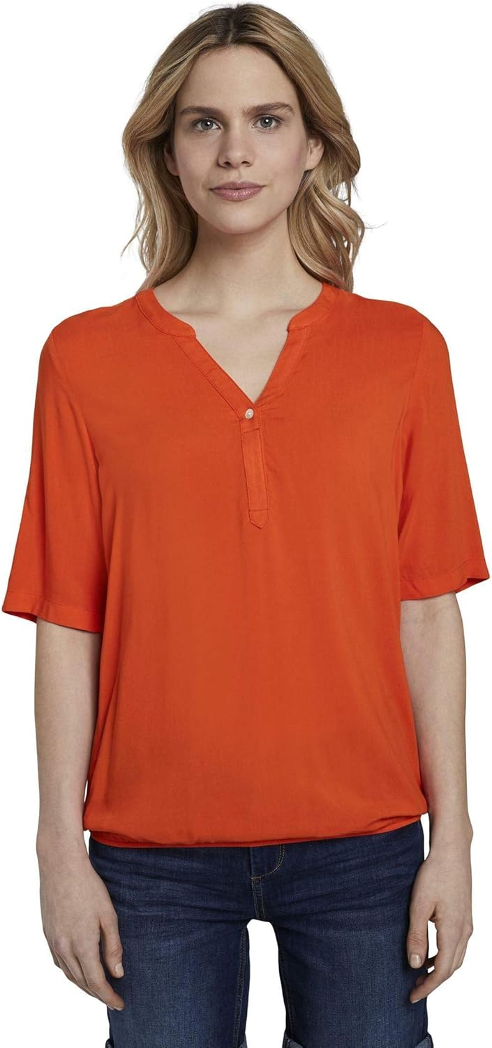 TOM TAILOR Damen Blusen, Shirts & Hemden Henley-Bluse mit elastischem Bund Strong Flame orange,38,22