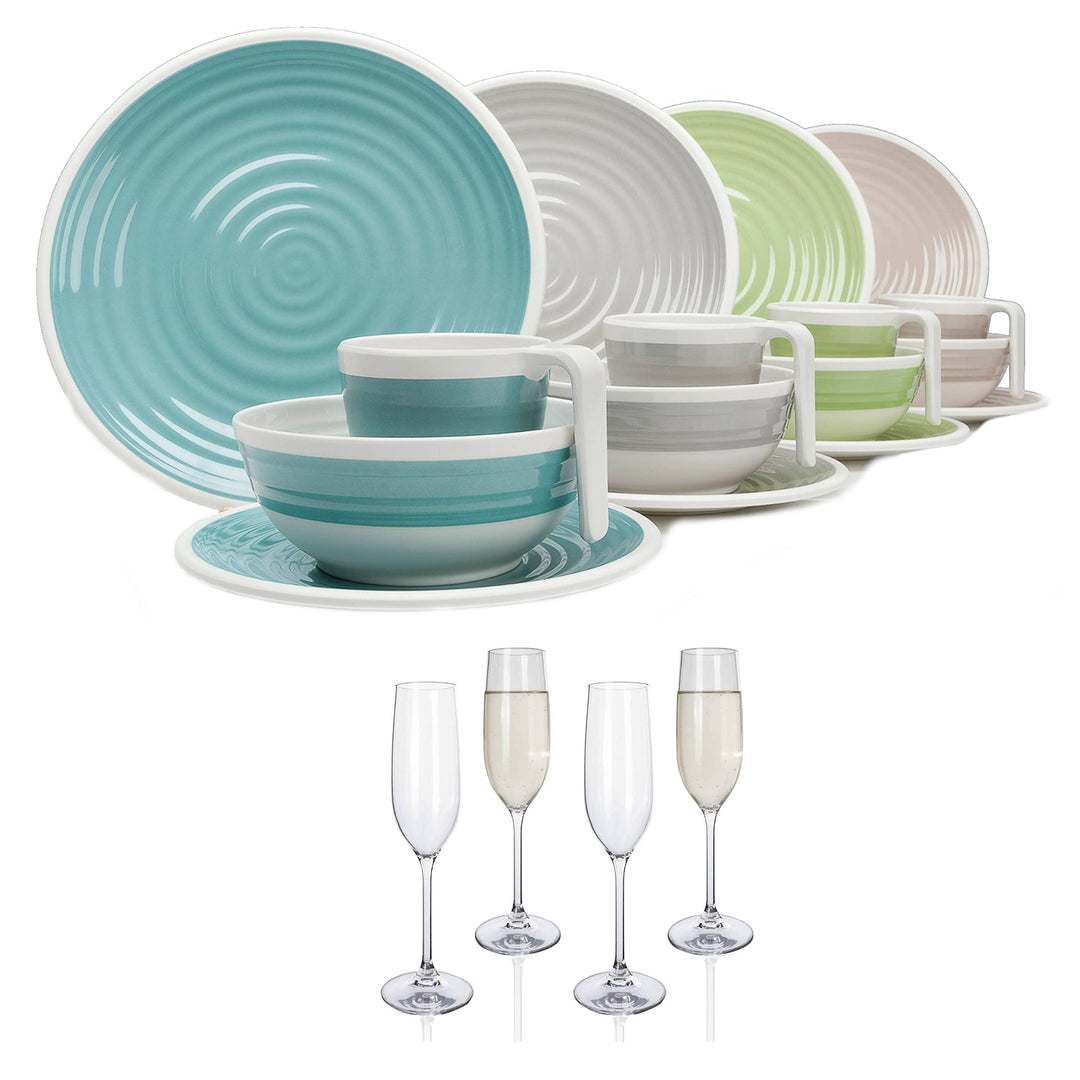 Melamin Camping Geschirr Set 1-4 Personen Harmonie 4-32 Teilig + Gläser Wassergläser Weingläser Cham