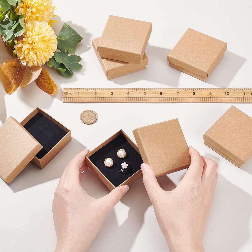 BENECREAT 16 Pack Halskette Ring Box 7x7x3cm Kraft Brown Rechteck Karton Schmuckschatullen Kleine Ge