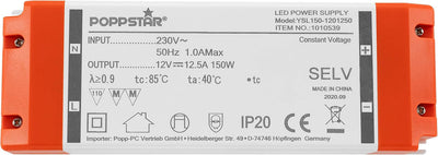 Poppstar LED Trafo Transformator 230V AC / 12V DC 12,5A für 1,5 W bis 150 Watt LEDs 12V DC 12.5A 150