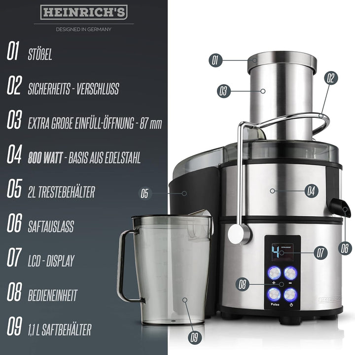 HEINRICHS Entsafter Juicer für Obst und Gemüse, Edelstahl 800W, digital,4 Geschwindigkeitsstufen,Saf
