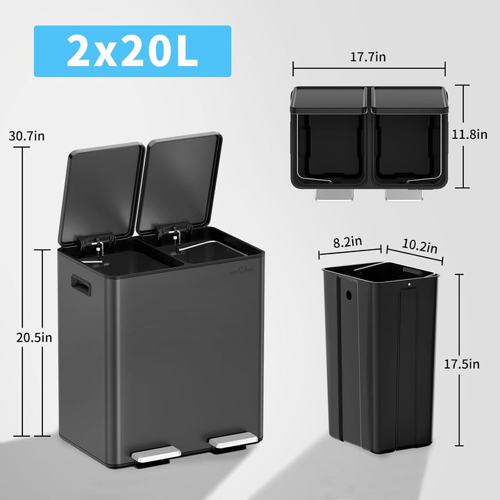 mVm Mülleimer Küche,40 Liter Treteimer,2 x 20 Liter Treteimer, 2 Fächer, Mülltrennsystem, Abfalleime