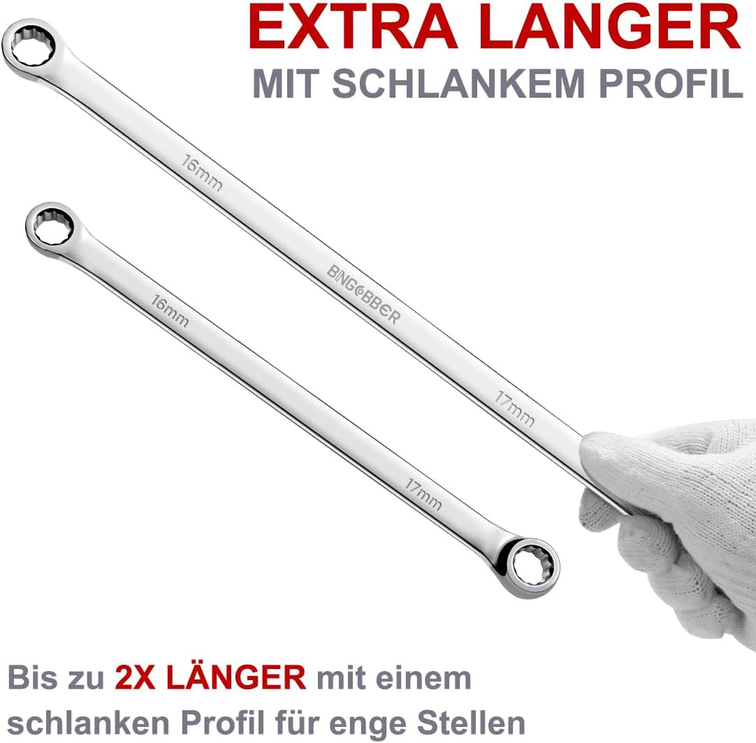 BINGCOBBER Doppel Ringschlüssel Satz,6-tlg Extra langer Schraubenschlüssel, CV-Stahl 8mm-19mm