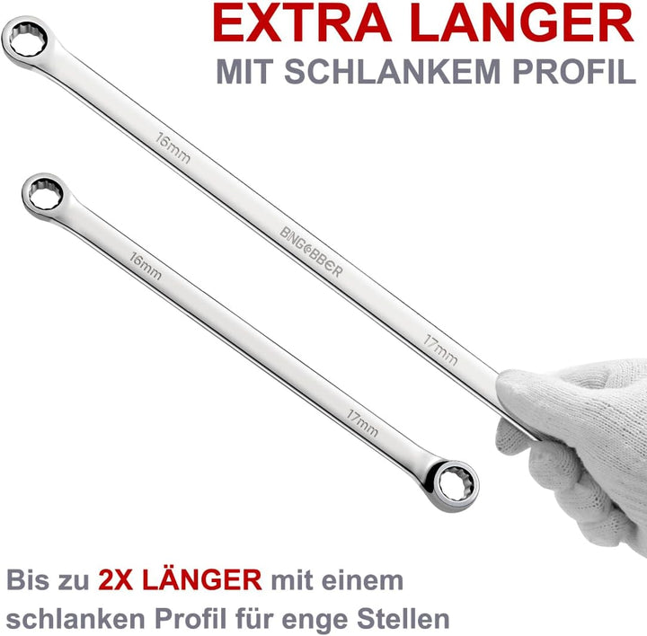 BINGCOBBER Doppel Ringschlüssel Satz,6-tlg Extra langer Schraubenschlüssel, CV-Stahl 8mm-19mm