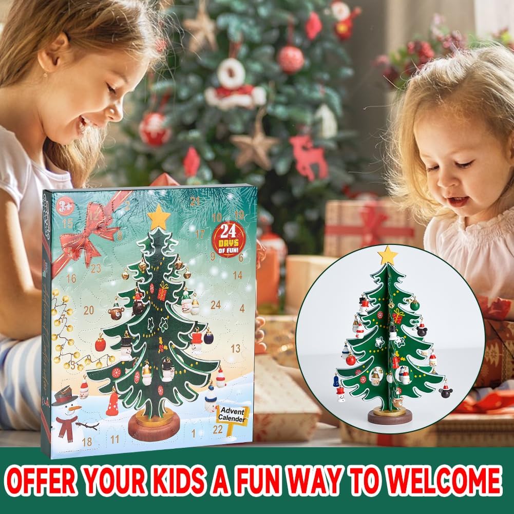 Douthfolle Adventskalender 2023 Kinder mit Hölzerner Weihnachtsbaum und 30 Ornamenten,24 Tage Weihna