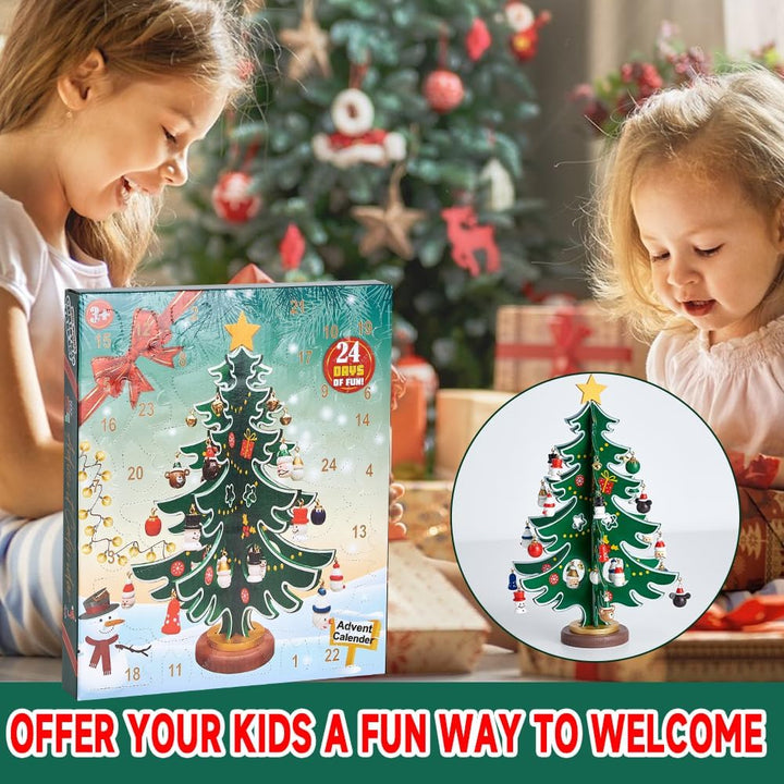 Douthfolle Adventskalender 2023 Kinder mit Hölzerner Weihnachtsbaum und 30 Ornamenten,24 Tage Weihna