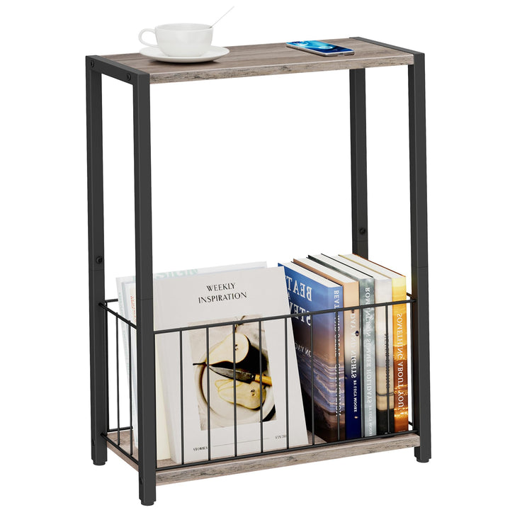 Schmaler Beistelltisch mit Zeitschriftenhalter, Greige-schwarz | Eisenrahmen und MDF-Platte, 18 x 43