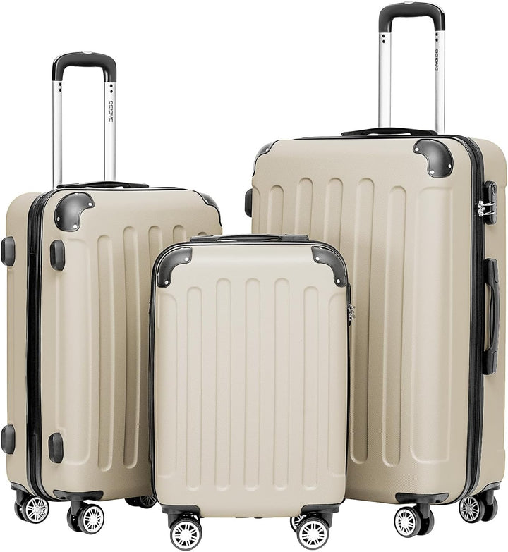BEIBYE Hartschalen-Koffer Trolley Rollkoffer Reisekoffer Handgepäck 4 Rollen (M-L-XL-Set) (Creme Whi