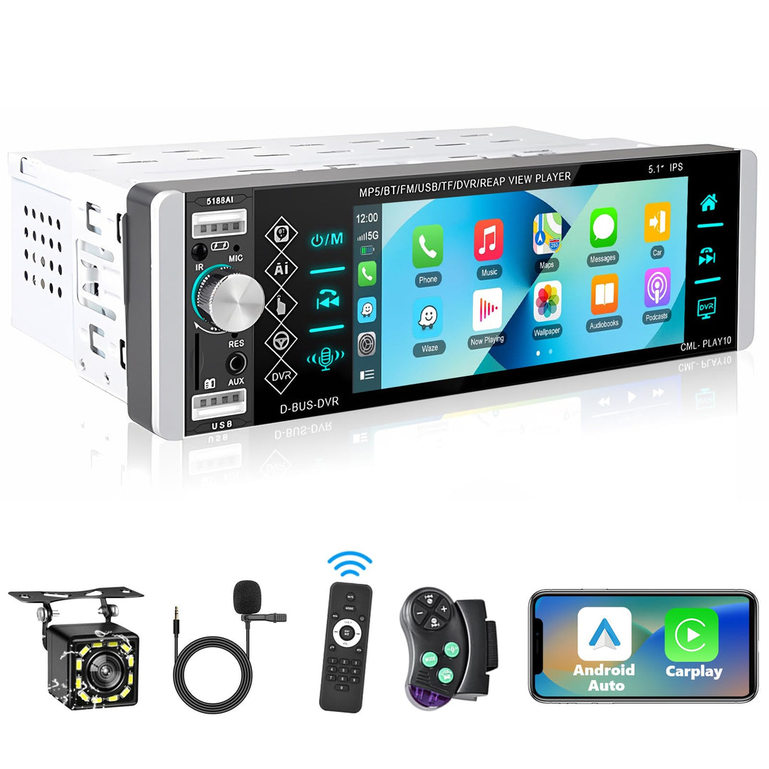 Podofo Autoradio 1 Din mit Apple CarPlay, Bluetooth, Android Auto, 5,1 Zoll IPS-Display Autoradio Un