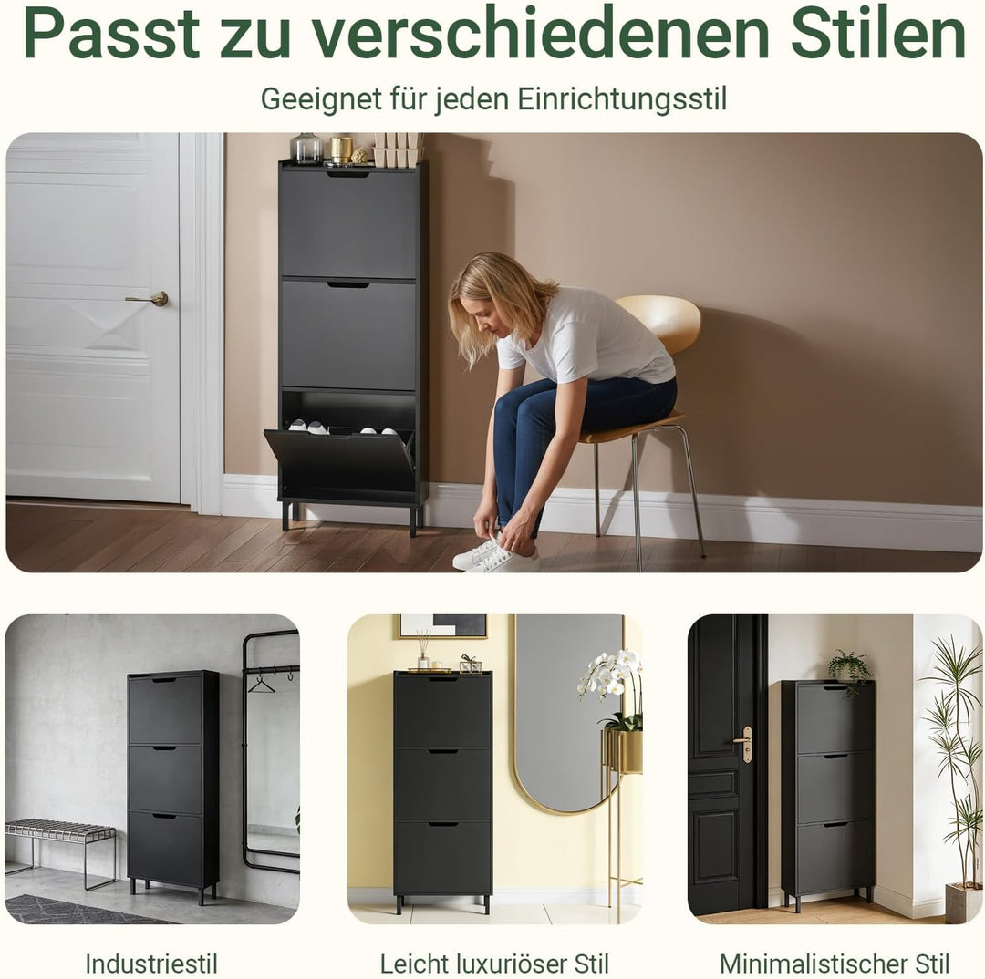 SoBuy Schuhschrank Schmal mit 3 Klappen platzsparender Schuhkipper Schmal Hoch Kommode mit 3 Ablagen