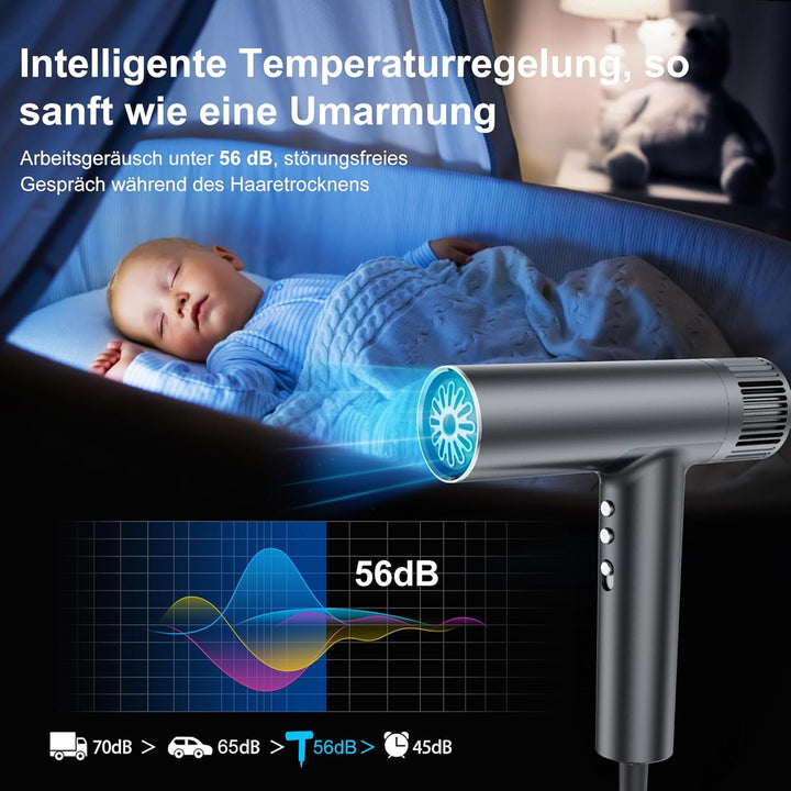 OYLCDI Haartrockner mit bürstenloser Motor Föhn|Fön mit Diffusor,Stylingdüse|300 Mio.Negative Ionen|