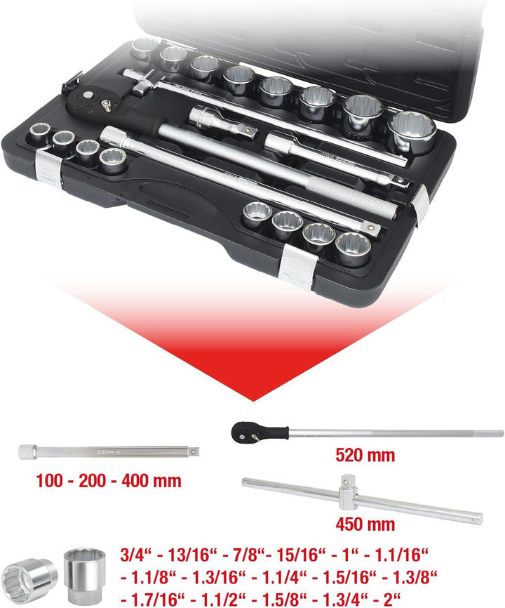 KS Tools 911.0751 3/4 Zoll 12-Kant Steckschlüssel-Satz | inklusive Umschaltknarre, 24-Zahn | matt sa