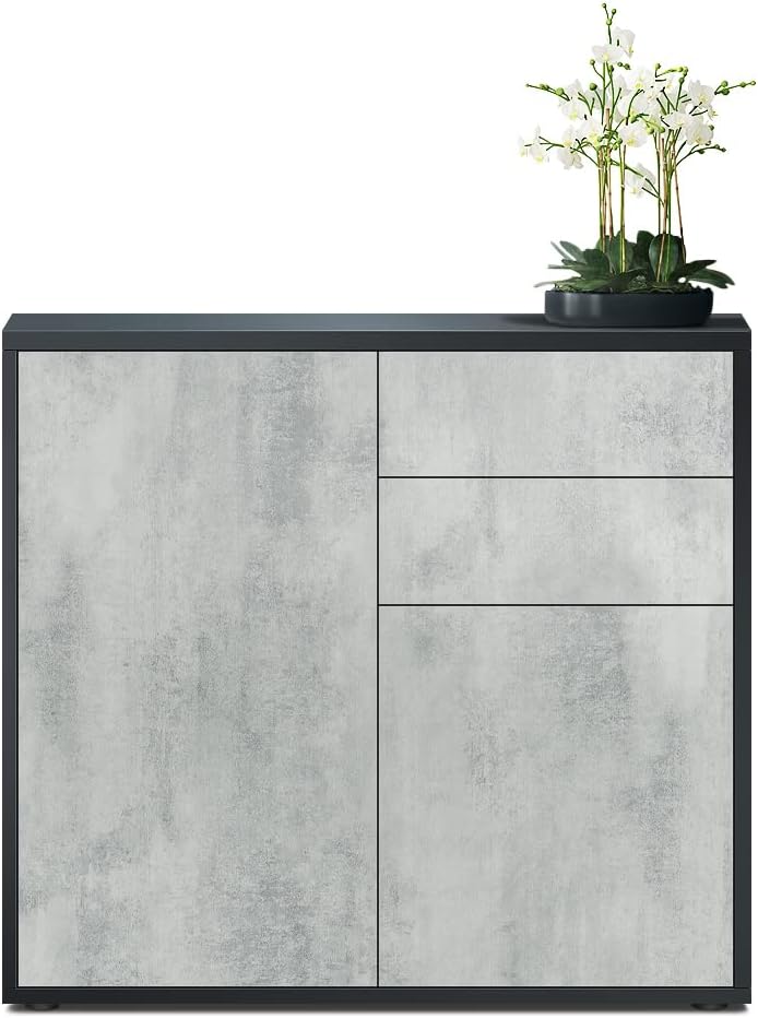 Vladon Sideboard Ben, Kommode mit 2 Türen und 2 Schubladen, Schwarz matt/Beton Oxid-Optik (79 x 74 x