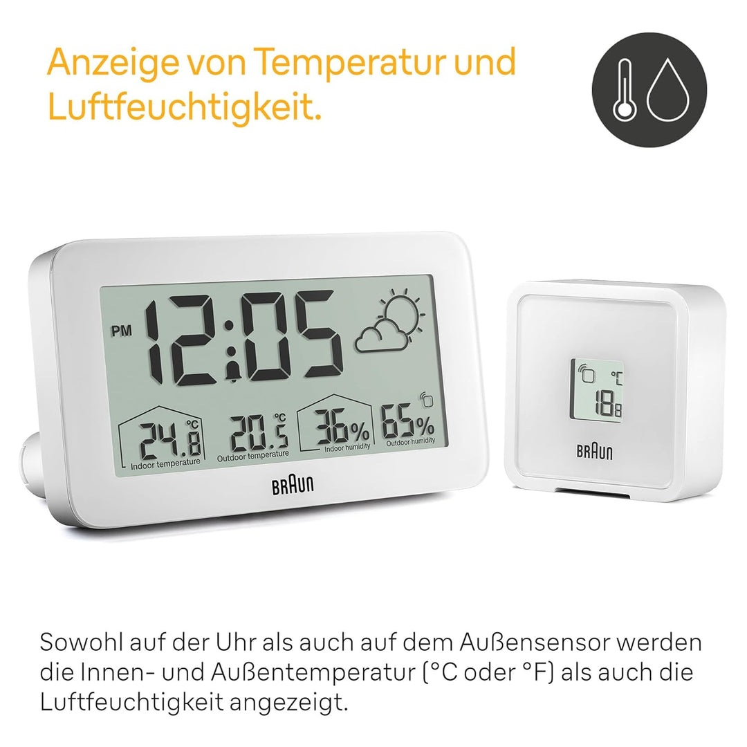 Braun Digitale Wetterstationsuhr mit Anzeige von Innen- und Aussentemperatur sowie Luftfeuchtigkeit,