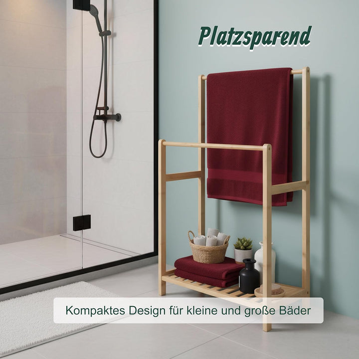Relaxdays Handtuchständer Bambus, 2 Stangen, mit Ablage, HBT: 77,5 x 42 x 24 cm, freistehend, Duscht