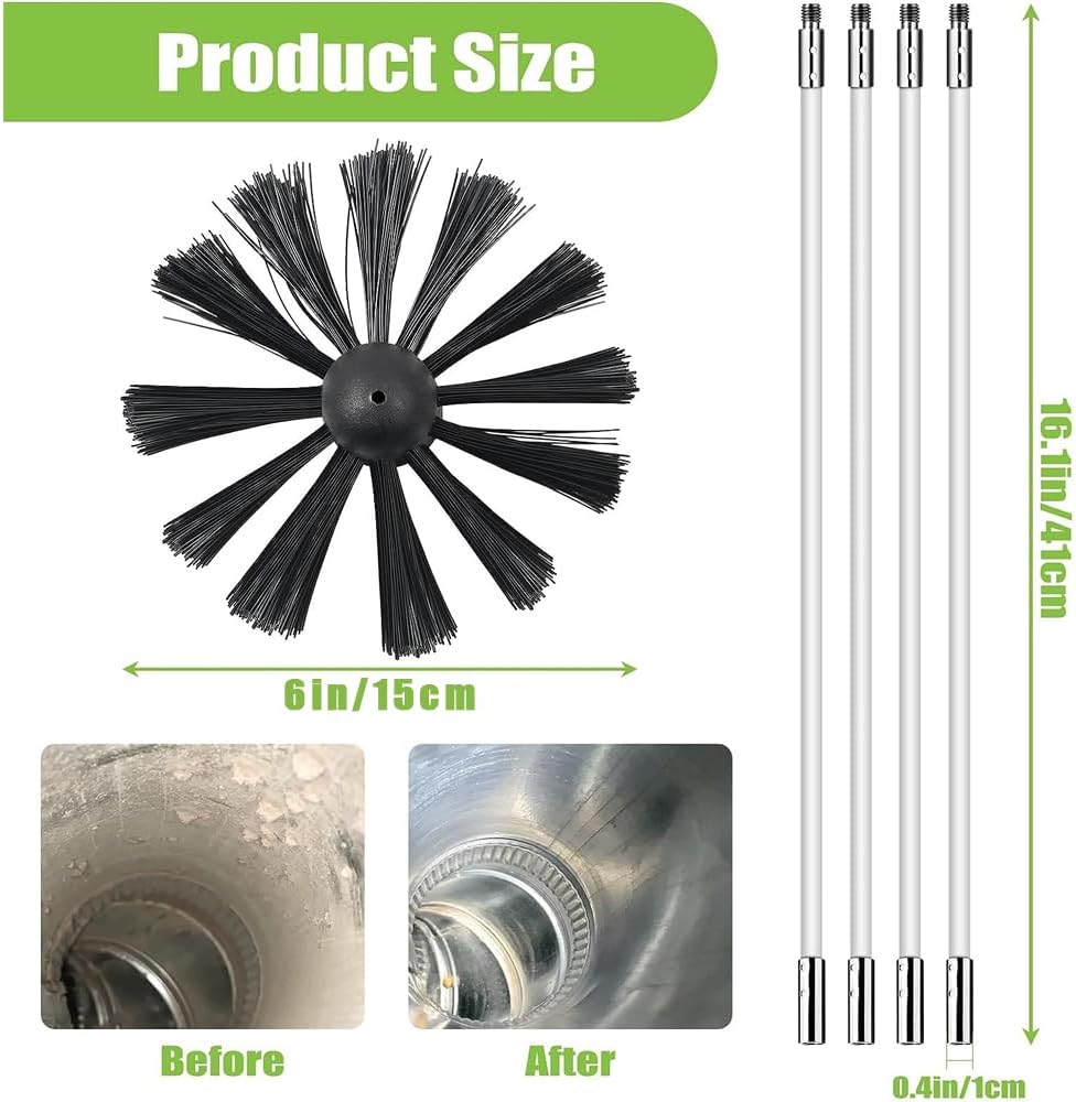 24 Stk Kaminbürste Stange Set mit 18 Flexible Stangen 410 mm+ 2 Bürstenköpfen 150mm + 1 Lange Holzbü