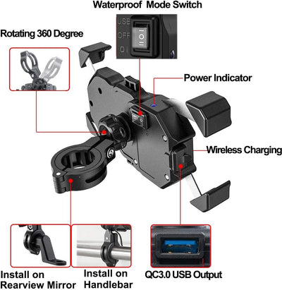 iMESTOU Motorrad Wireless Telefonhalterung 15W Qi & USB Quick Charger 3.0 Lenker/Rückspiegel Mobile