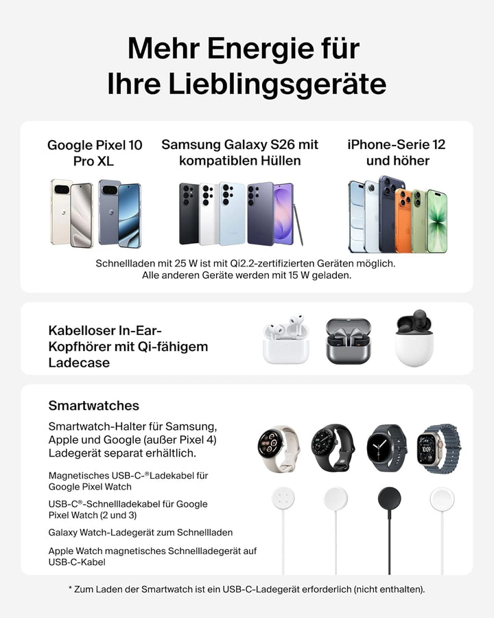 Belkin UltraCharge 3-in-1 Induktive Ladestation mit Qi2, 25W – Weiss | Qi2.2-zertifiziert, Kabellose