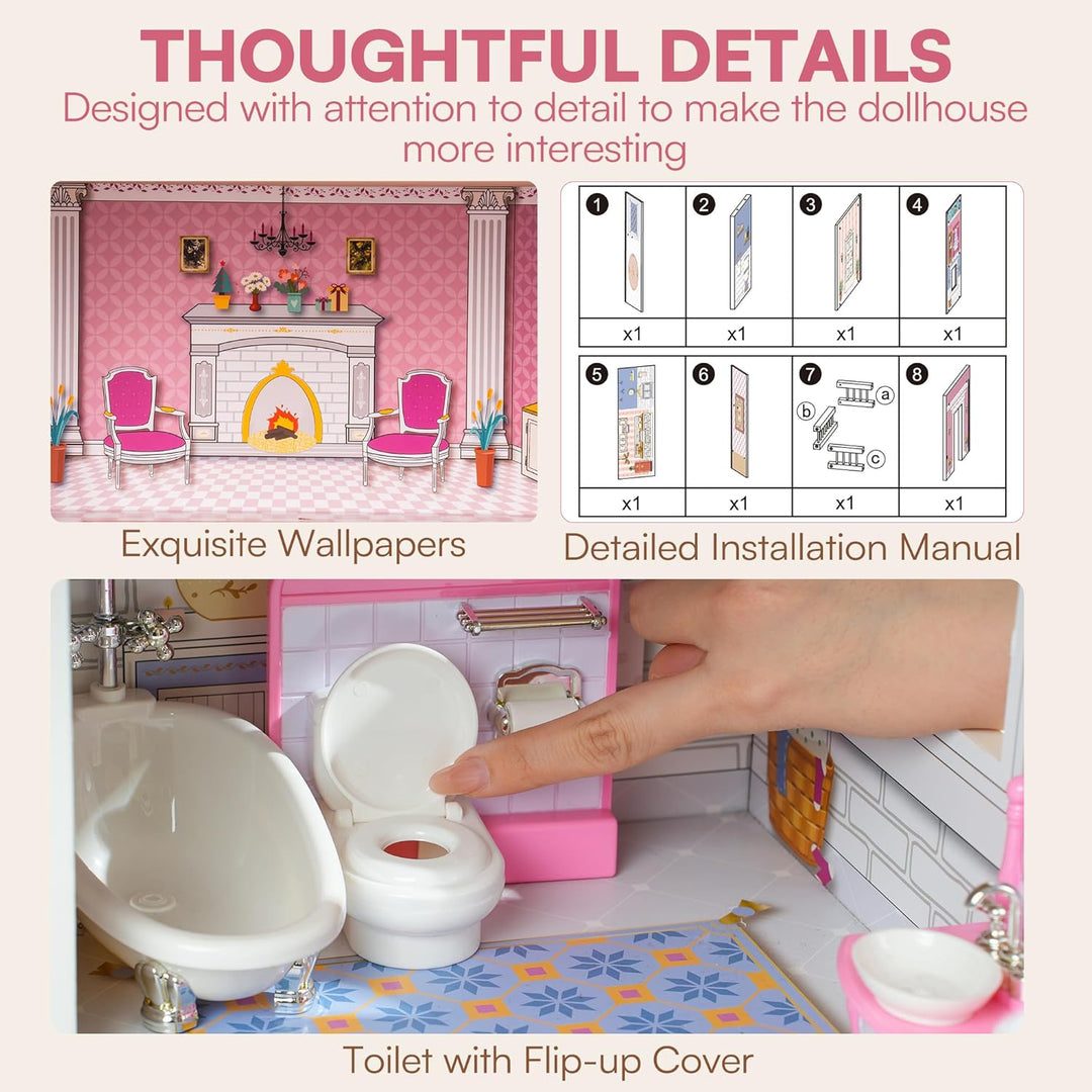 ROBUD hölzernes Puppenhaus Spielset, 3 Geschichten, 5 Zimmer, 24 PCS Möbel, vorgeben Spiel Spielzeug