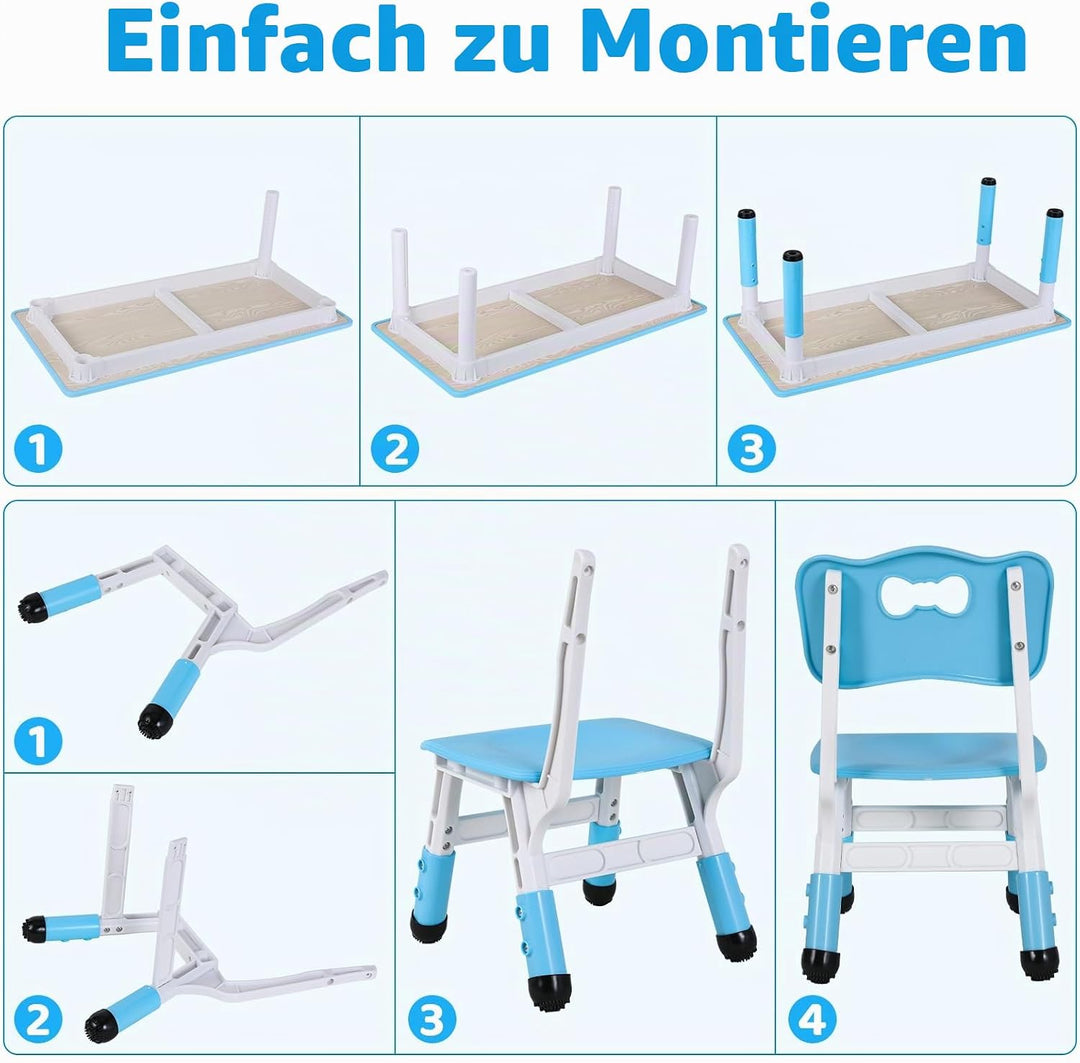 MAMIZO Kindertisch mit 4 Stühlen, Kindertischgruppe Höhenverstellbar, Tisch Stuhl Set für Kindergart