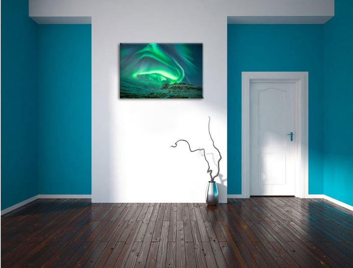 Nordlichter über Island, Format: 100x70 auf Leinwand, XXL riesige Bilder fertig gerahmt mit Keilrahm