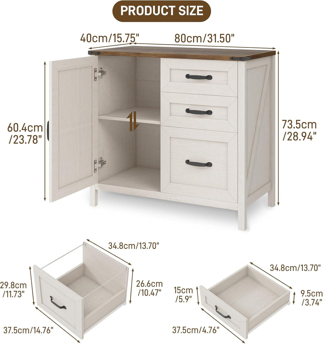 BonVache Aktenschrank mit 3 Schubladen &amp; Tür, Landhausstil Schubladenschrank aus Holz, Weisser Büros