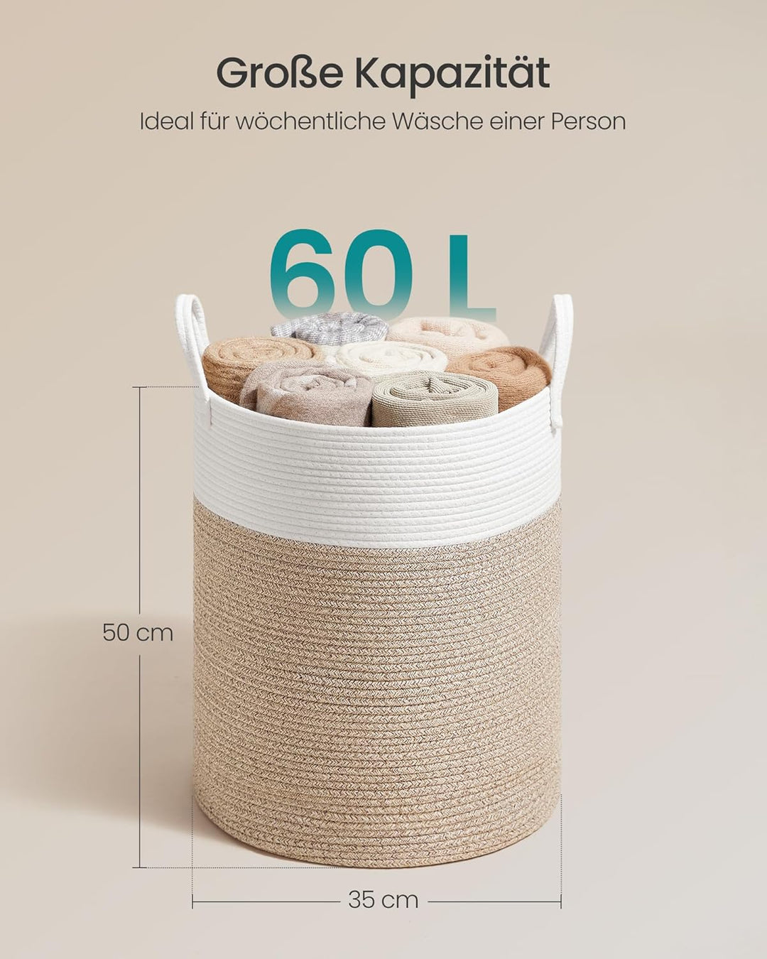 SONGMICS Wäschekorb, Wäschesammler für Kinder, Aufbewahrungskorb, Baumwollseil, mit Henkel, für Deck