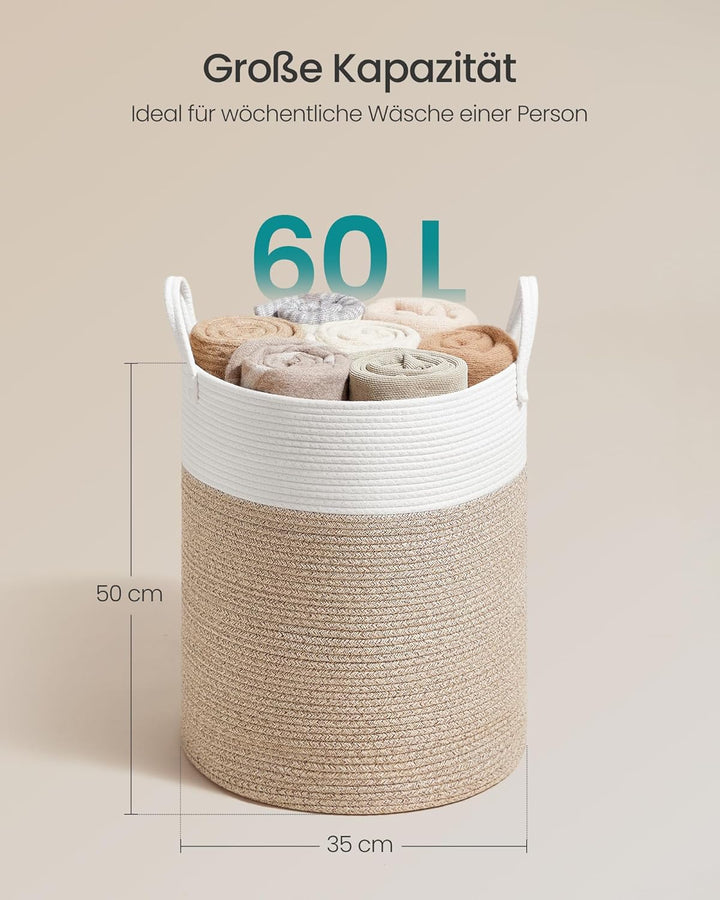 SONGMICS Wäschekorb, Wäschesammler für Kinder, Aufbewahrungskorb, Baumwollseil, mit Henkel, für Deck