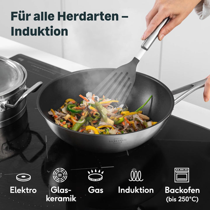 SILBERTHAL Wokpfanne mit Deckel beschichtet Induktion 28 cm - Edelstahl Wok zum Frittieren und Brate