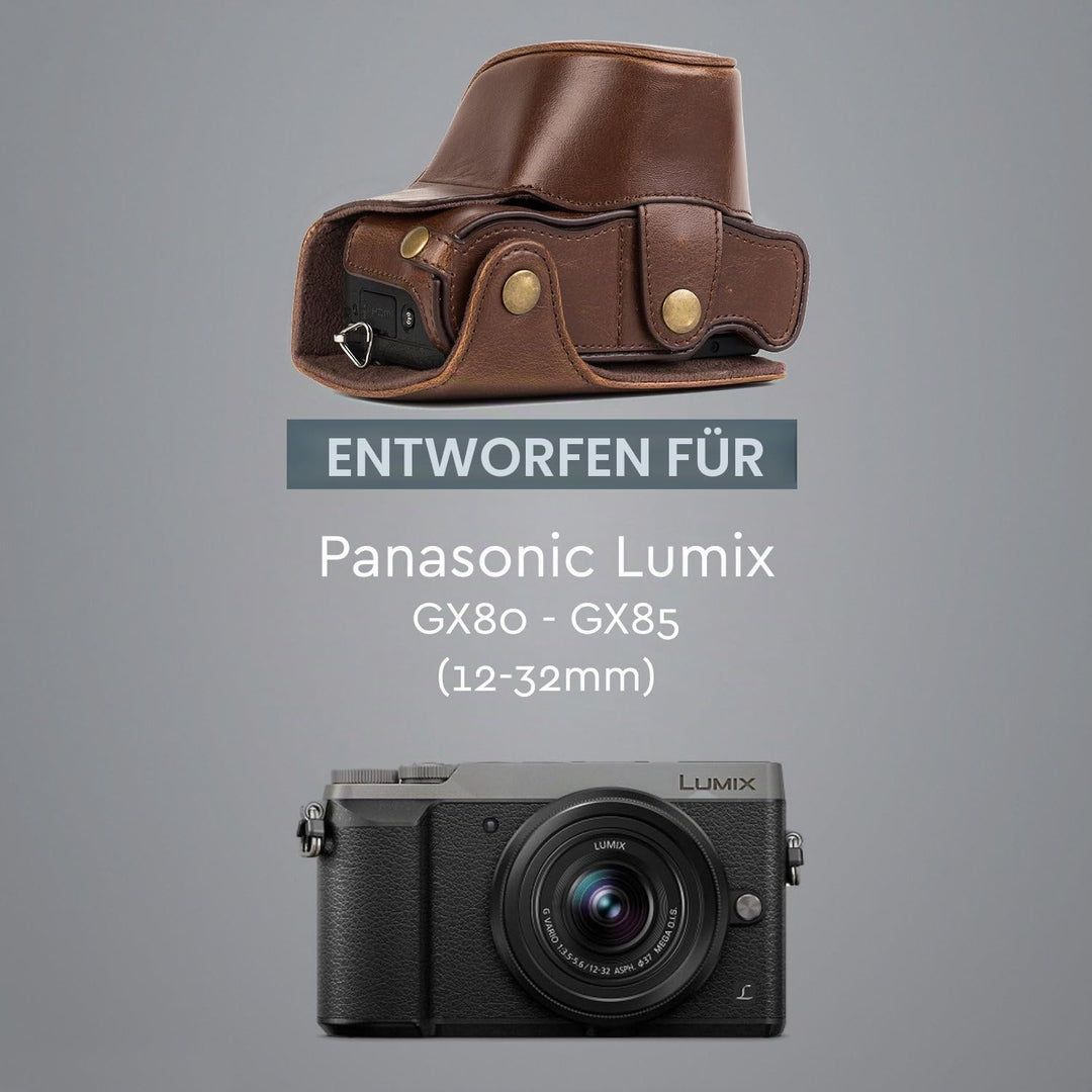 MegaGear Panasonic Lumix DMC-GX85, GX80 mit 12-32mm Objektiv Ever Ready Leder Kamera-Case mit Trager