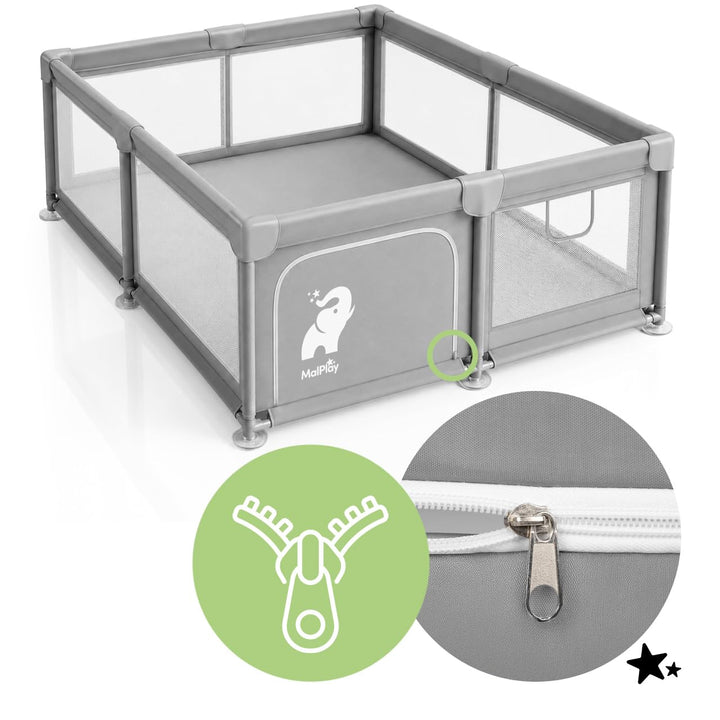 MalPlay Baby Laufstall 150x180 cm für Kinder 6–36 Monate, mobiler Kinderlaufstall mit Netzseiten, La