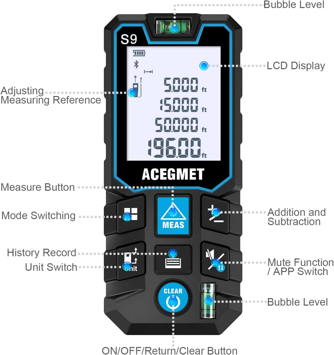 ACEGMET Laser-Entfernungsmesser Smartphone-App,Reichweite, 2 Wasserwaagen, Bluetooth,LCD-Display mit