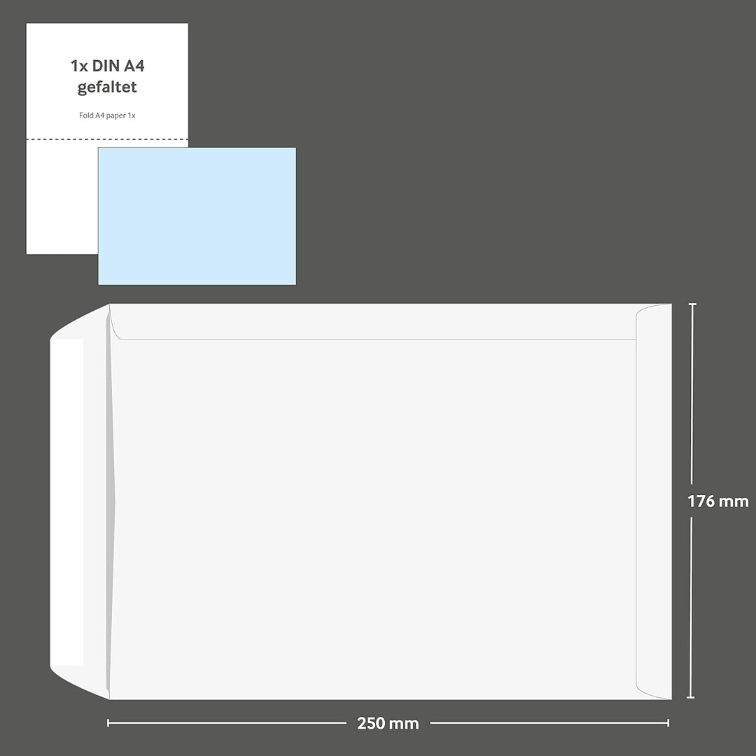 500 Versandtaschen, B5, 176 x 250 mm, haftklebend, ohne Fenster, 90g/qm, Weiss, Blanke Briefhüllen