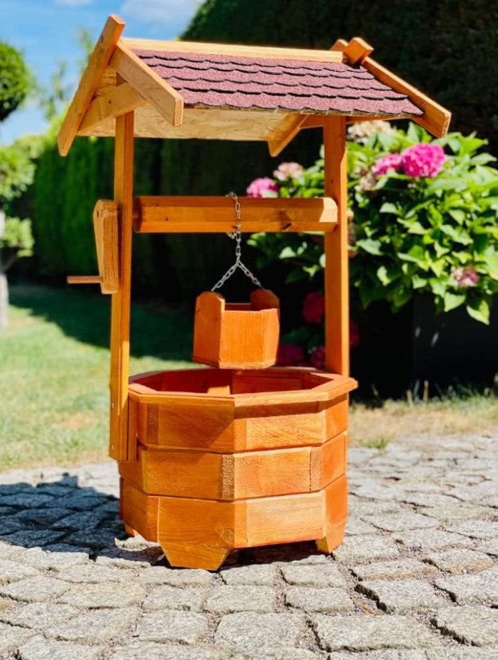 Grosser Handgefertigter Garten-Deko-Achteck-Brunnen aus Holz Braun/Grün Höhe 84 cm für den Garten/Ou