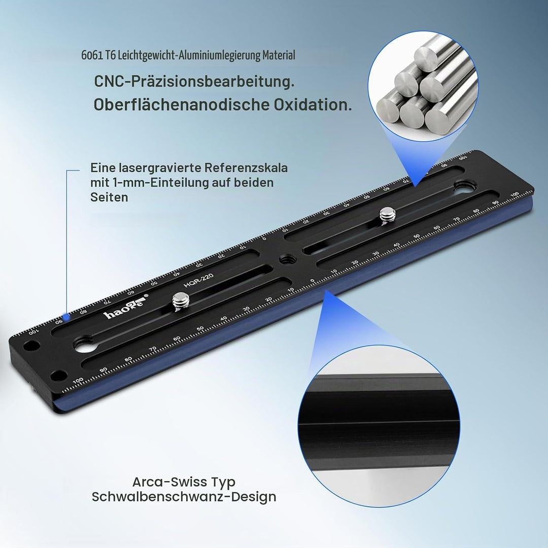 Haoge HQR-220 220 mm Mehrzweck-Schnellwechselplatte für Kamerastativ, Kugelkopf, Klemme für Arca Swi