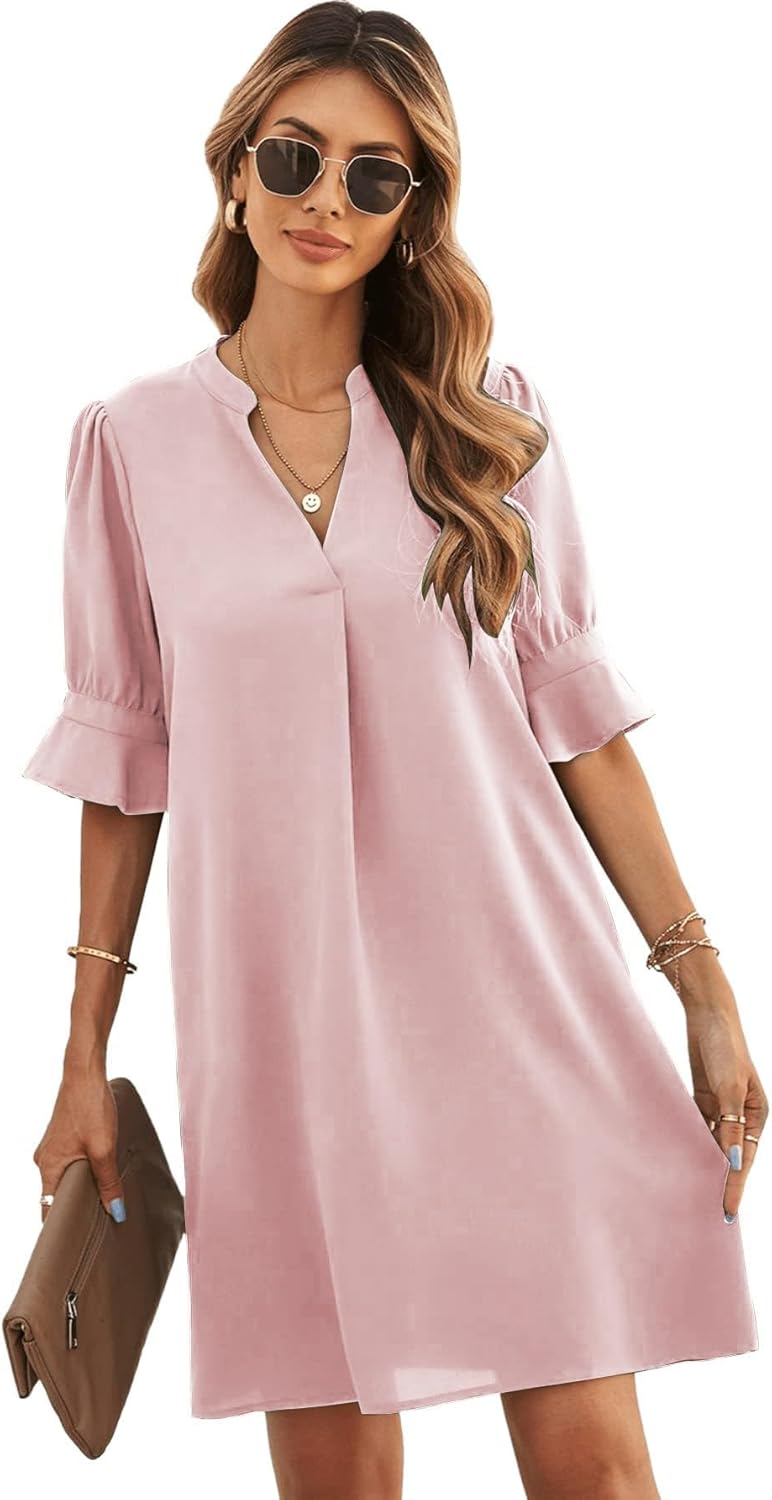 Famulily Frauen V-Ausschnitt Halbarm Hemdkleid Elegant Sommer Casual Einfarbig Kurzes Kleid S-XXL M