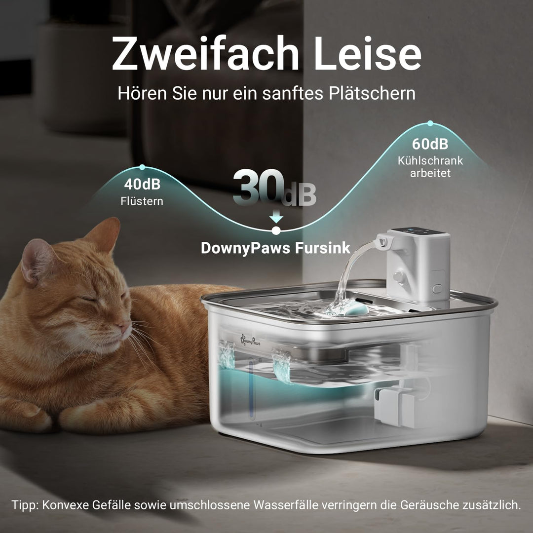 DownyPaws Katzenbrunnen Edelstahl Kabellos, Trinkbrunnen für Katze Edelstahl mit Bewegungsmelder und