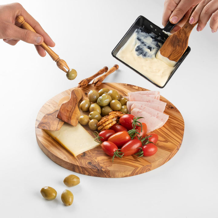 Handgefertigtes rundes Paddelbrett aus Olivenholz – gestreiftes Servierbrett für Käse, Brot und Vors