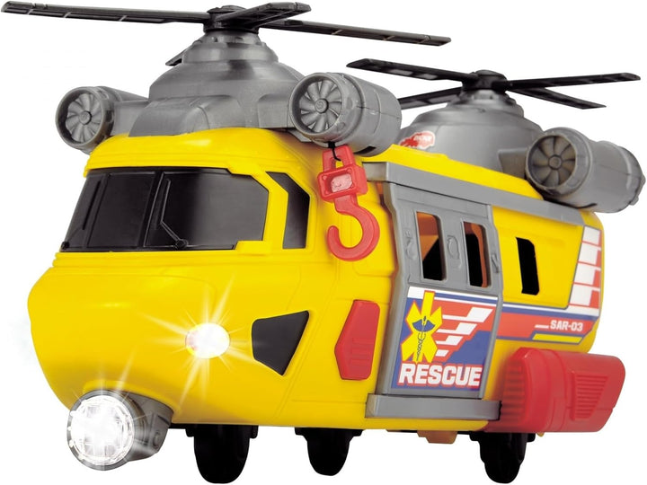 Dickie Toys Rettungshelikopter mit drehbarem Frontlicht & Sound, Helikopter mit Aufzieh-Seilwinde in