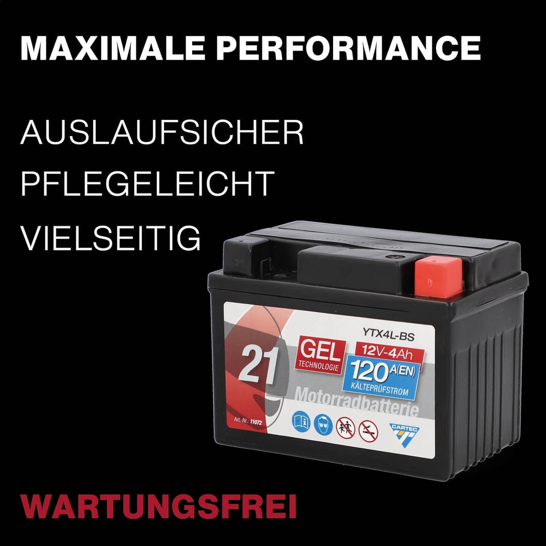 CARTEC Motorradbatterie YTX4L-BS, 4Ah, 120A, Gel Technologie Motorrad-Starter-Batterie, Erstausrüste