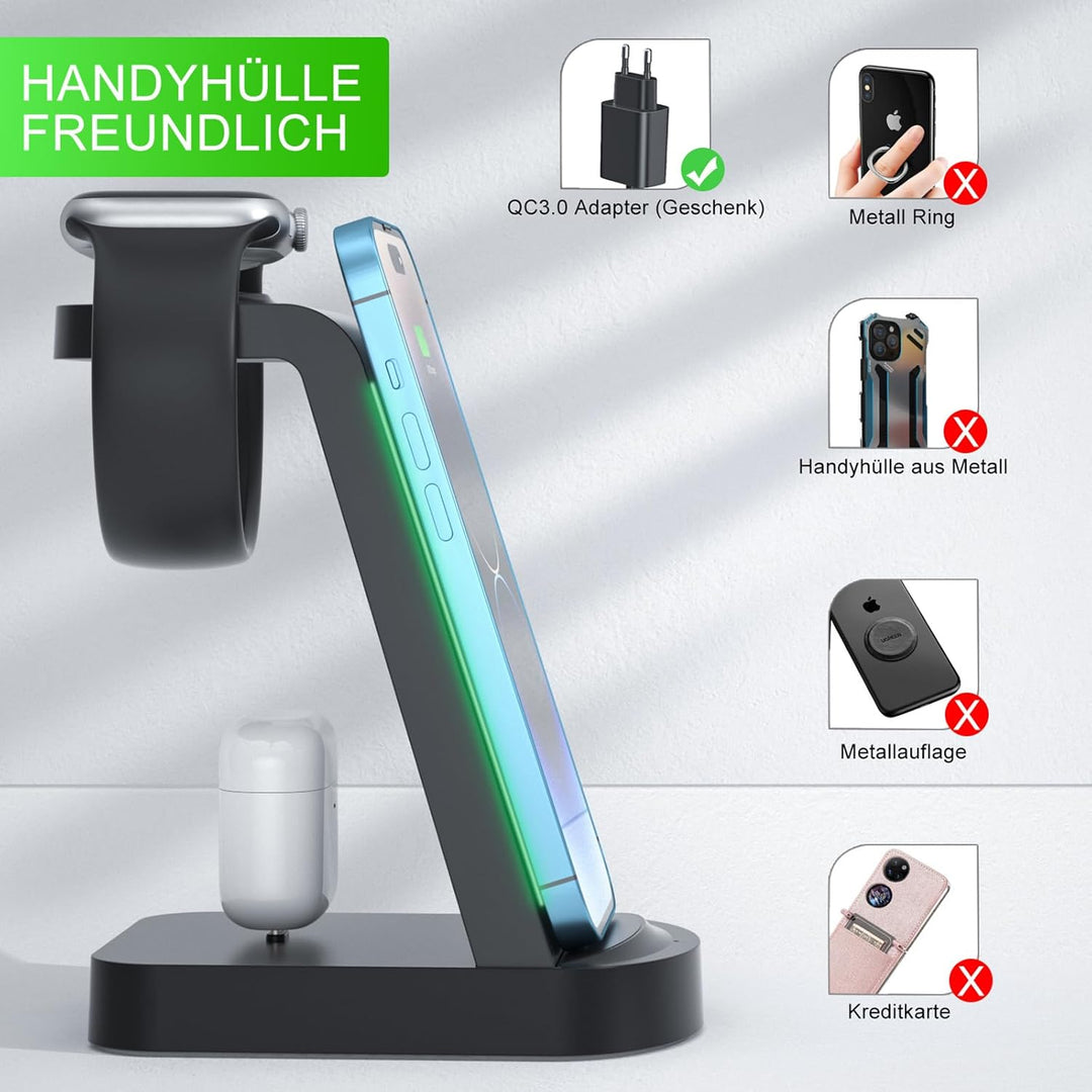 Kabellose Ladestation,Wireless Charger 3 in 1 induktive Kabelloses Ladegerät mit 18W Adapter,kompati