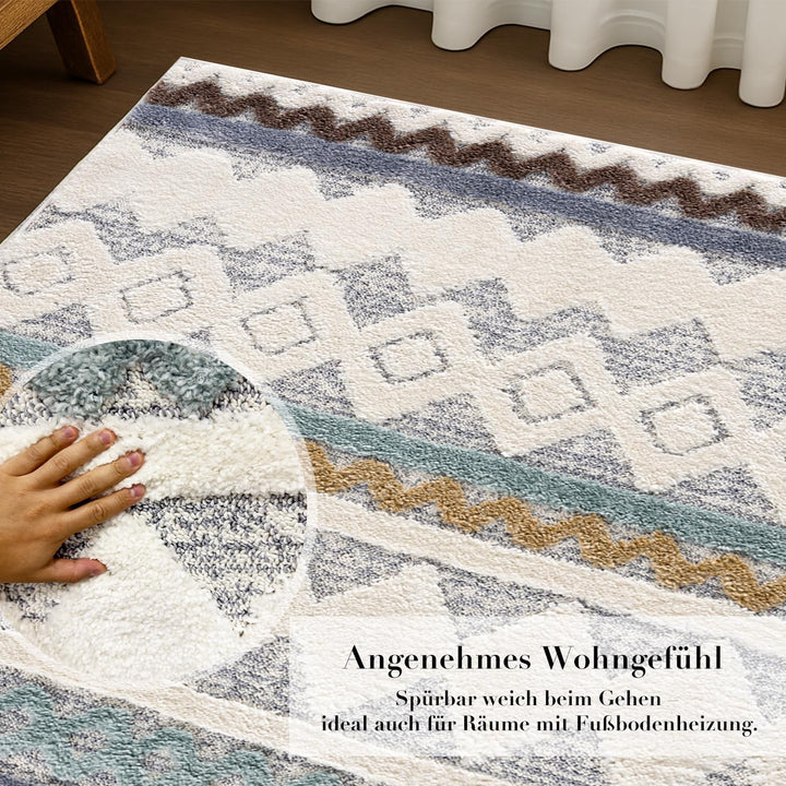 payé Teppich Wohnzimmer - 80x150cm - Hochflor Flauschig Weich - Pastellfarben Multi - Boho Design -