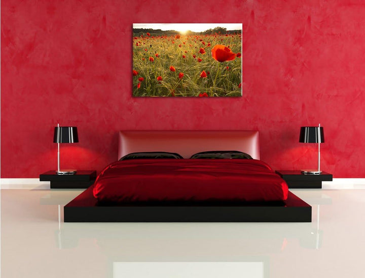 Pixxprint Traumhaftes Mohnfeld bei Sonnenuntergang, Format: 100x70 auf Leinwand, riesige Bilder fert