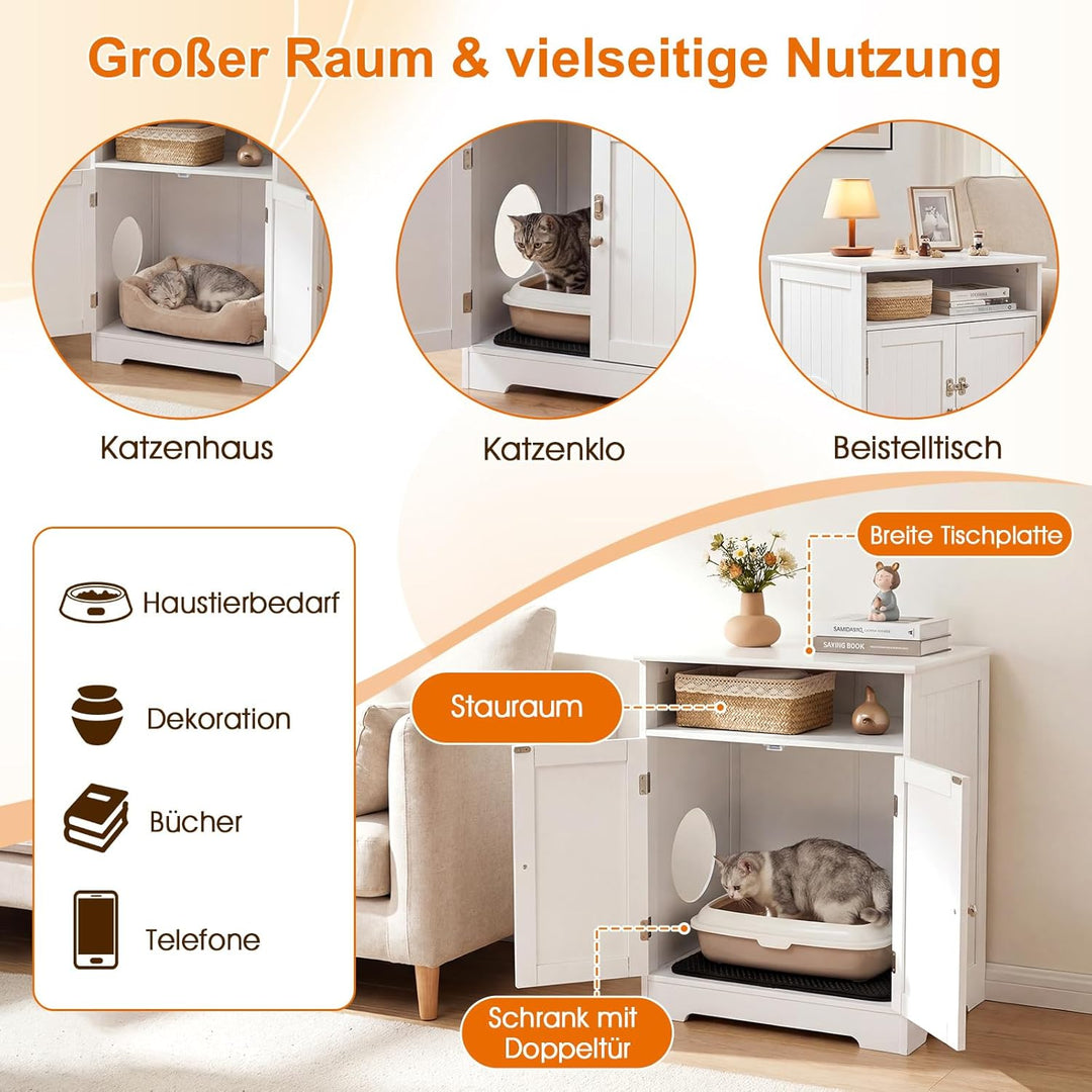 COSTWAY Katzenklo Schrank, Katzenschrank mit Streumatte, 2 abschliessbaren Türen, Eingang & Fach, 3