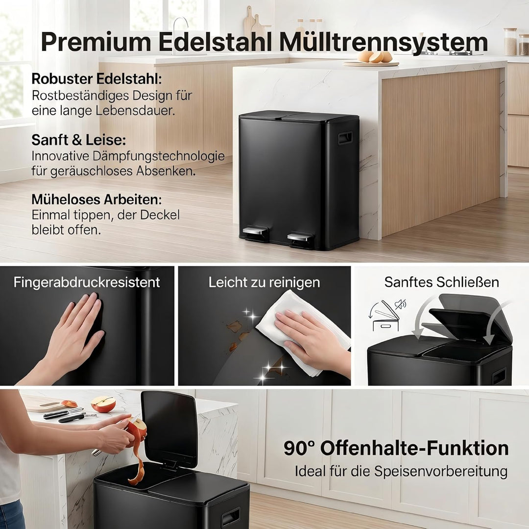 Mülleimer Küche 2 x 19 L(38L), Edelstahl Treteimer mit Deckel, Mülltrennsystem 2 Fächer, Abfalleimer