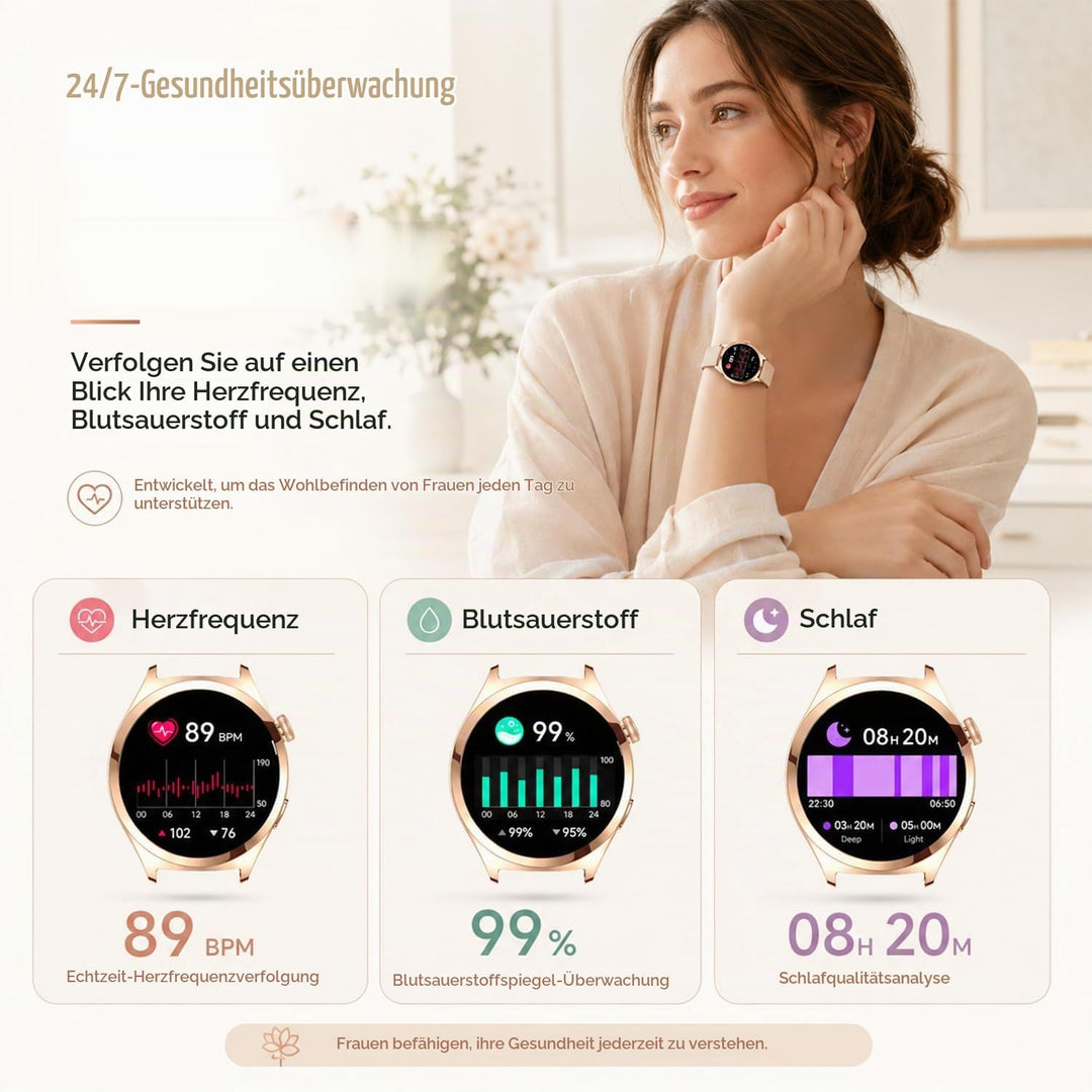 Smartwatch Damen mit Telefonfunktion, 1,27" HD Fitnessuhr mit 110+ Sportmodi, Herzfrequenz Schlafmon