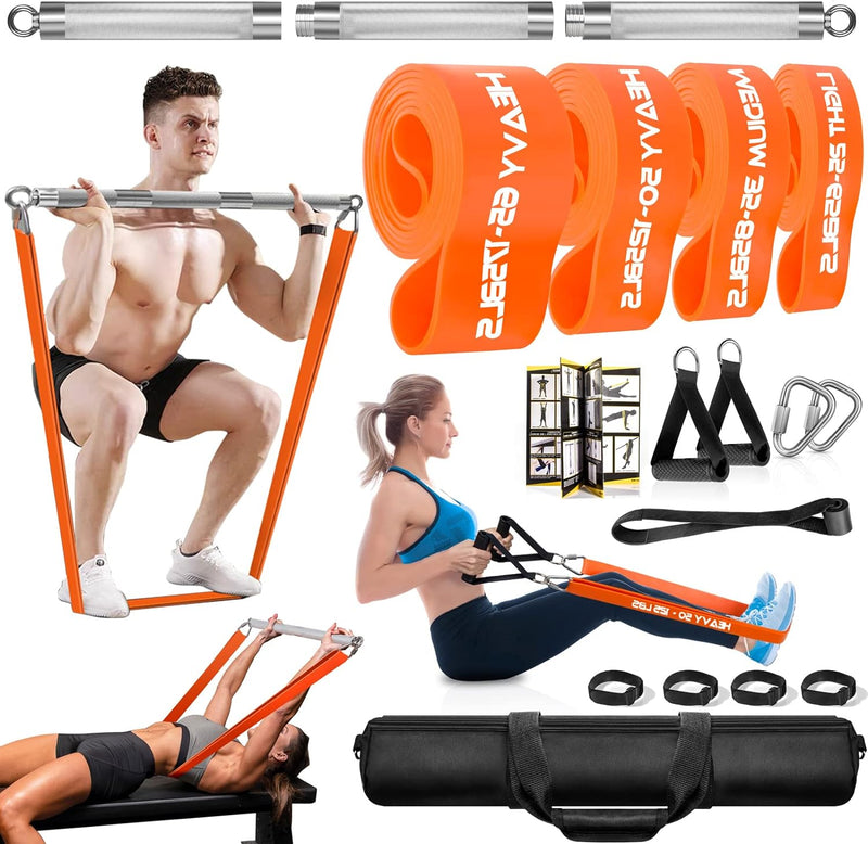 DASKING Fitnessbänder Krafttraining mit Stange, Resistance Bands Set - 4 Widerstandsbänder, Detachab