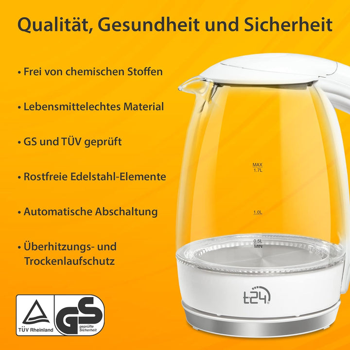T24 LED Glas Wasserkocher 1,7 Liter mit LED-Beleuchtung, Wasserkocher Glas, Wasserkocher weiss, 2200